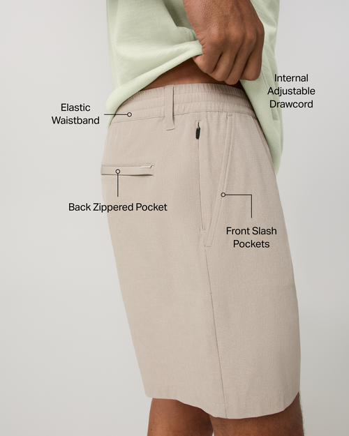 Aim Elastic Waist Short 7 | Khaki Linen Texture
