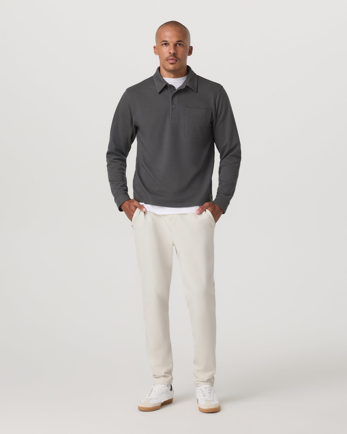 Long Sleeve Waffle Polo | Dark Pewter