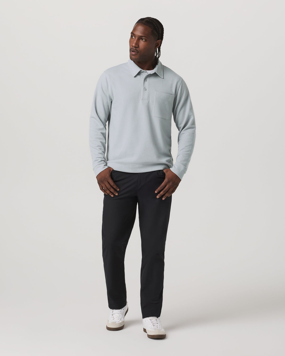 Long Sleeve Waffle Polo | Sea Fog