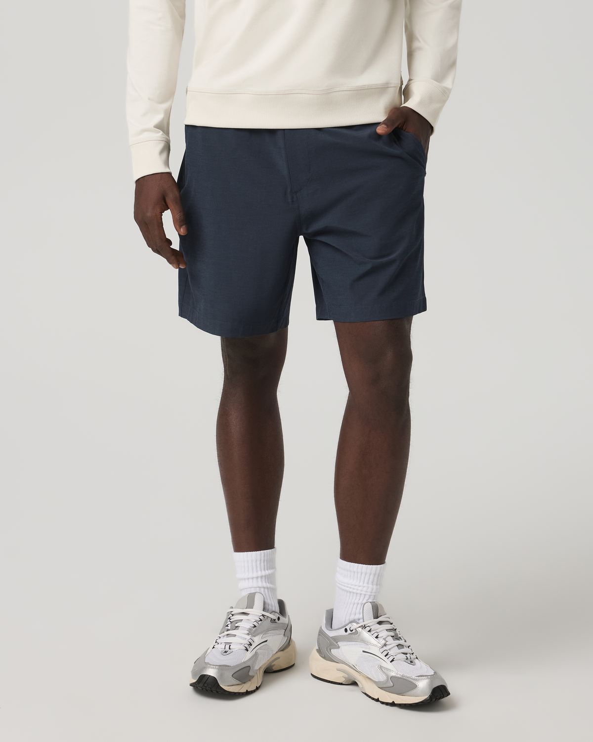 Aim Elastic Waist Short 7 | Navy Linen Texture