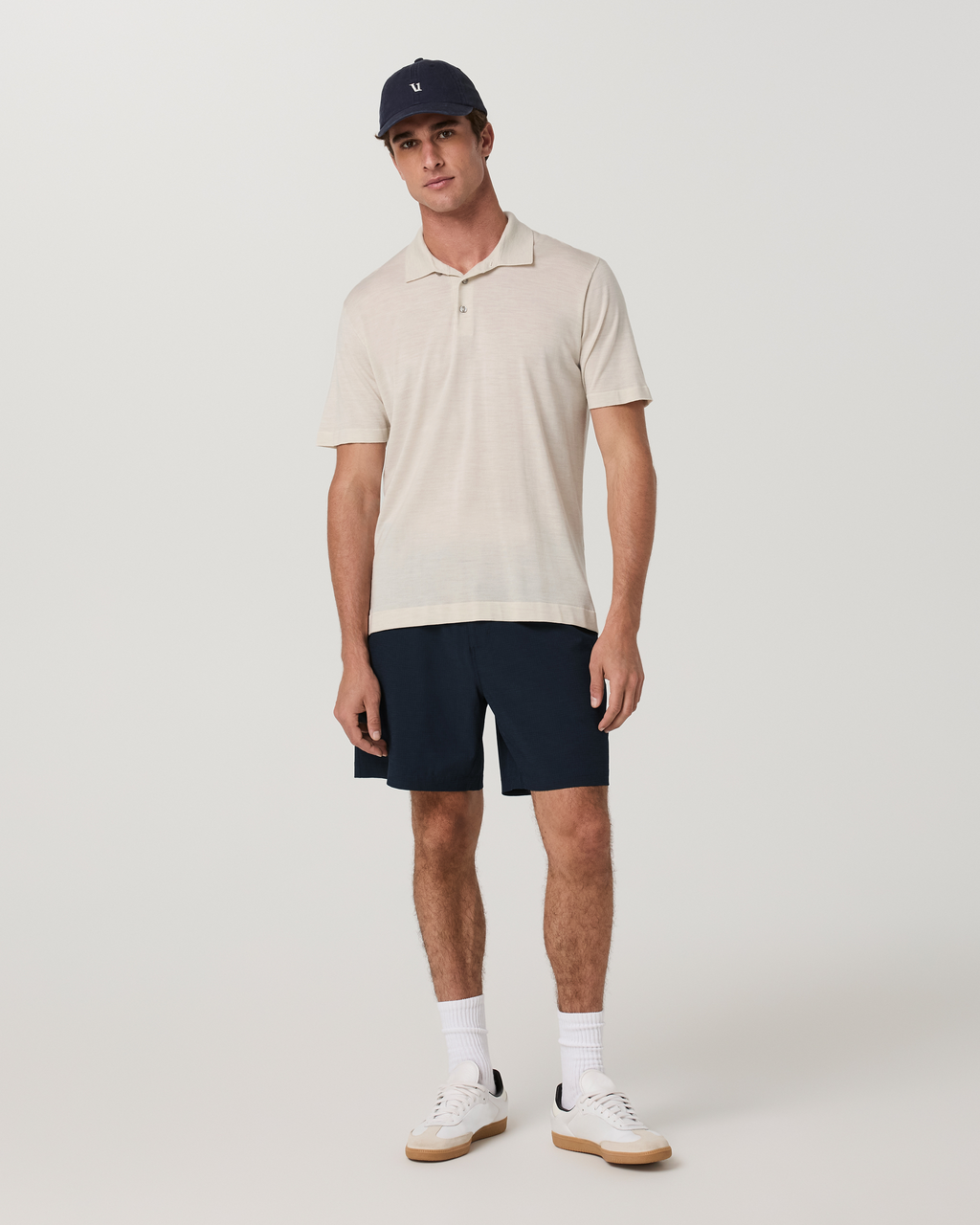 Aim Elastic Waist Short 7 | Navy Houndstooth Linen Texture